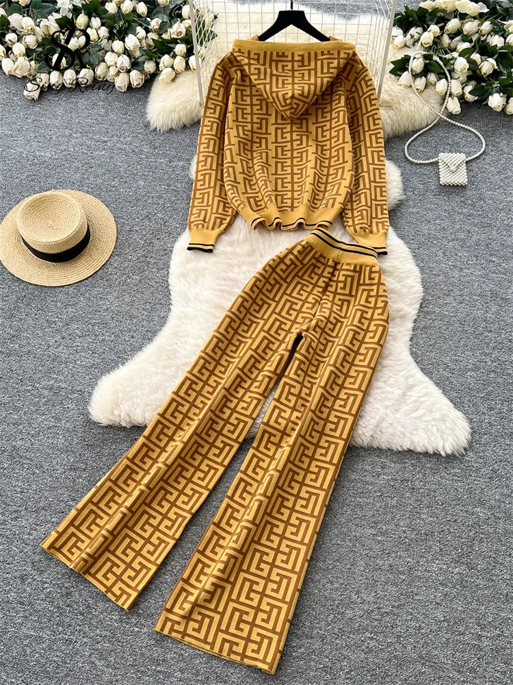 Geometric Print Hooded Knit Two Piece Set for Women