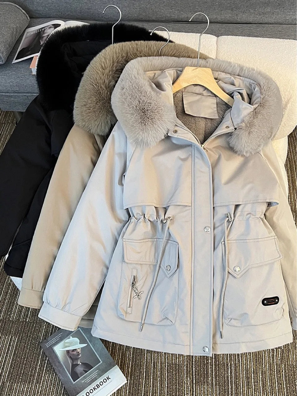 Korean Style Quilted Hooded Coat With Fur Collar For Women