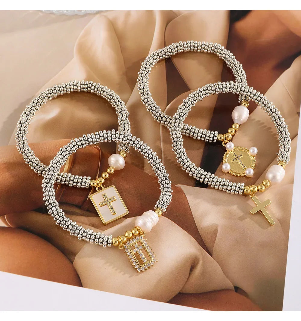 Cubic Zirconia Pearl Cross Bracelet