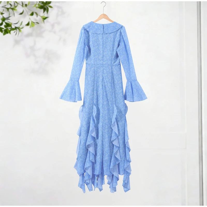 Printed V Neck Ruffle Sleeve Mid Calf Dress for Women