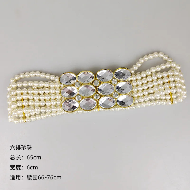 Pearl Embellished Elastic Waist Chain Belt for Women