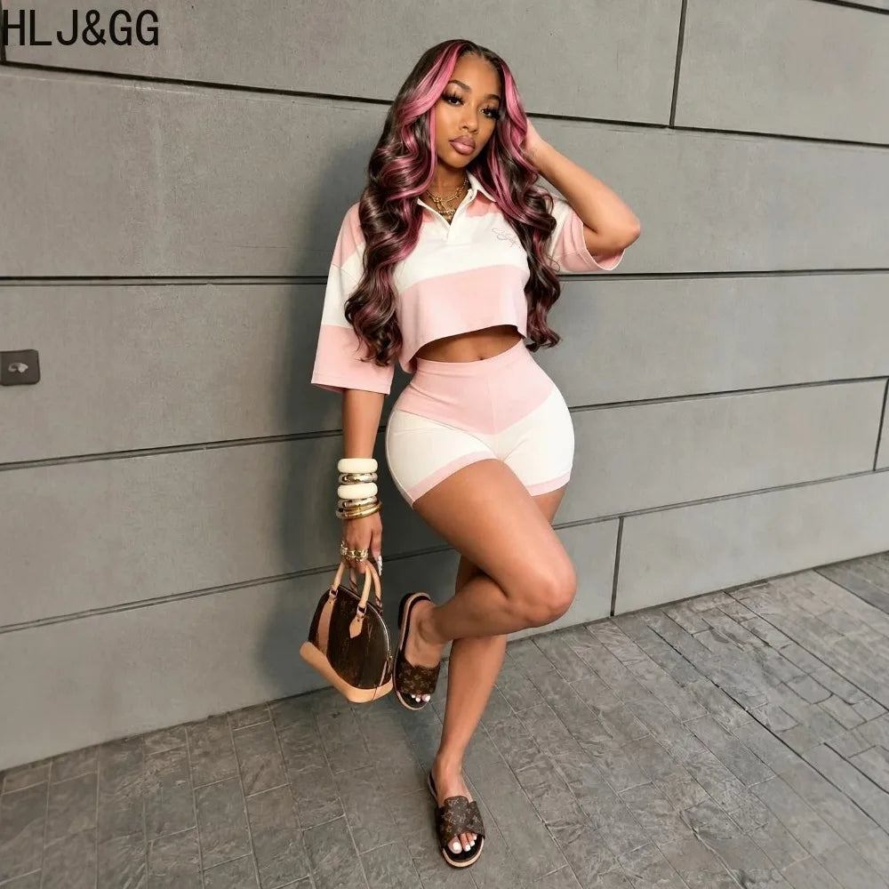 Pink Color Block V Neck Crop Top and Shorts Set for Women
