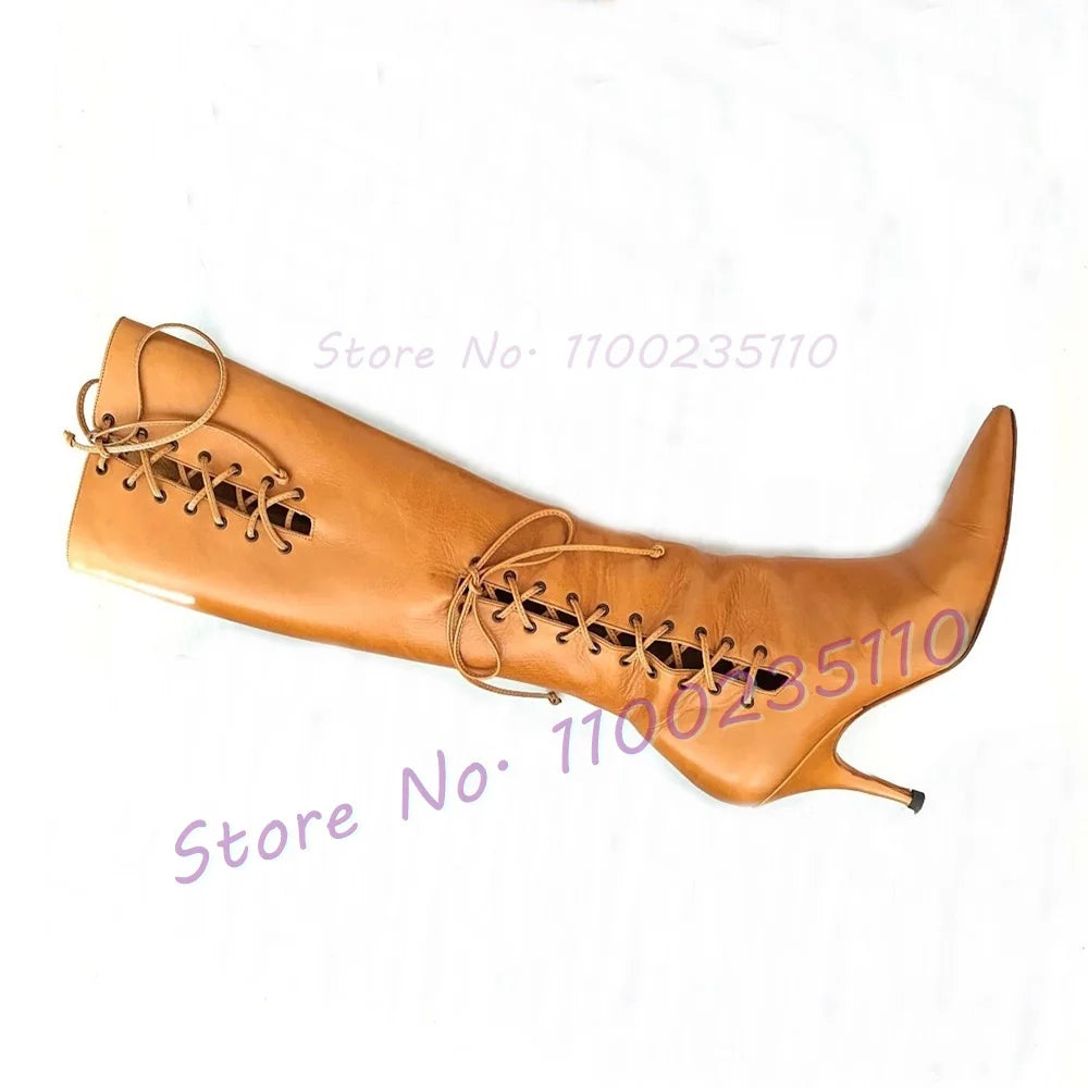 Tan Cross Tied Knee High Boots Women Sexy Pointed Toe Hollow Out Leather Thin High Heels Cool Streetwear Mid Heel Side-zip Boots