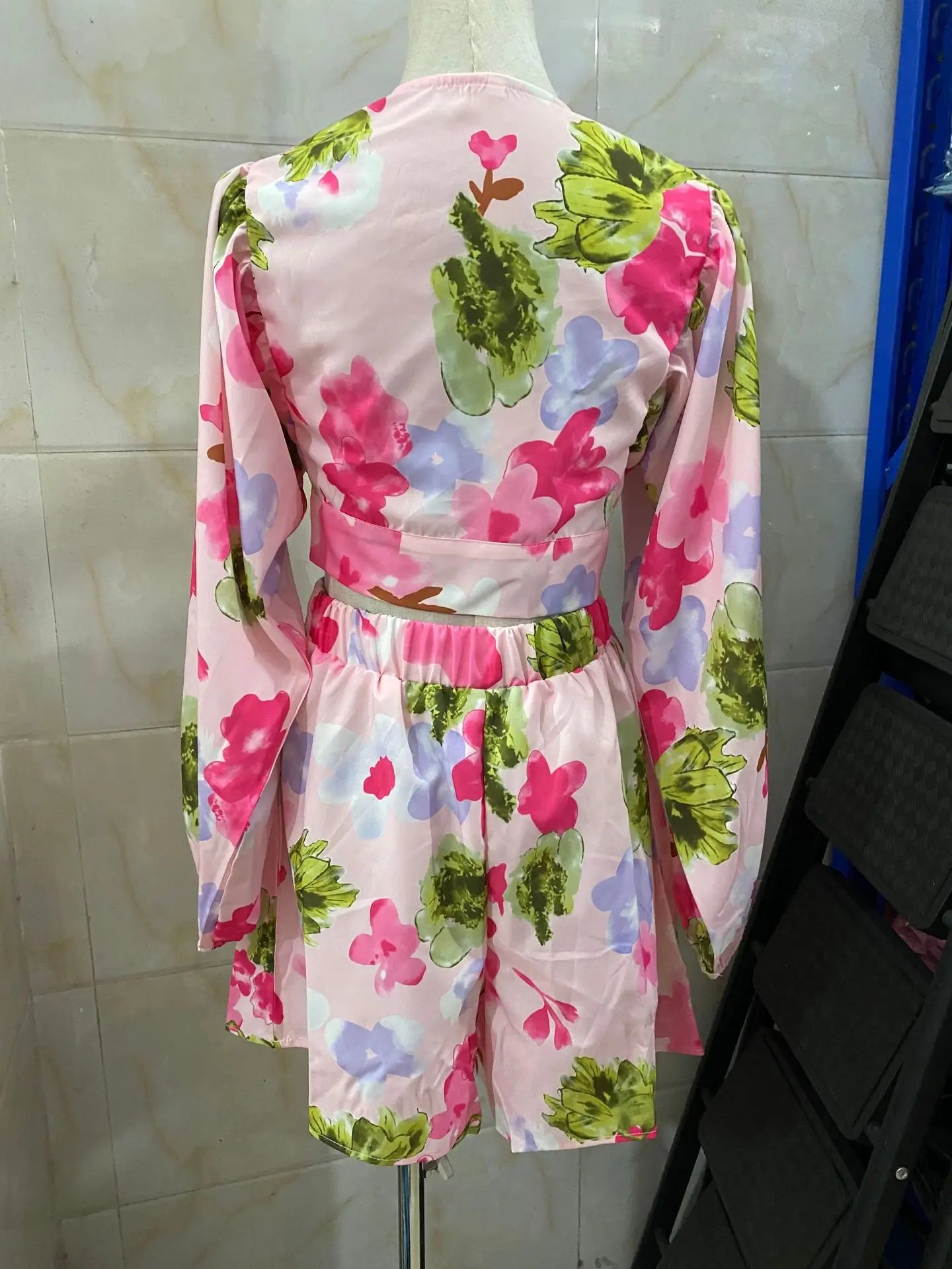Lace-Up Lantern Sleeve Deep-V-Neck Chiffon Two-Piece Set for Women