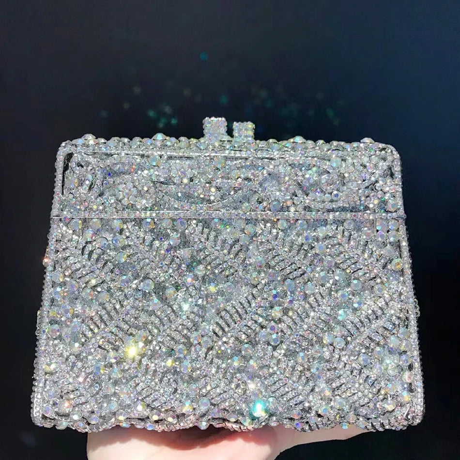 Metallic Leaf Diamond Evening Bag With Rhinestone Accents for Women
