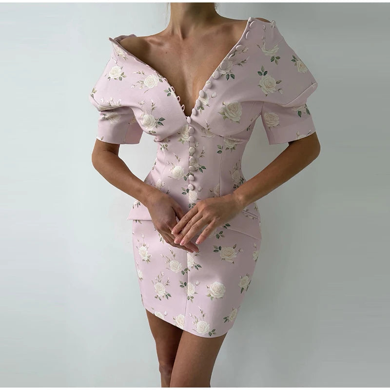 Elegant Printed Short Sleeve Stand Collar Dress for Women