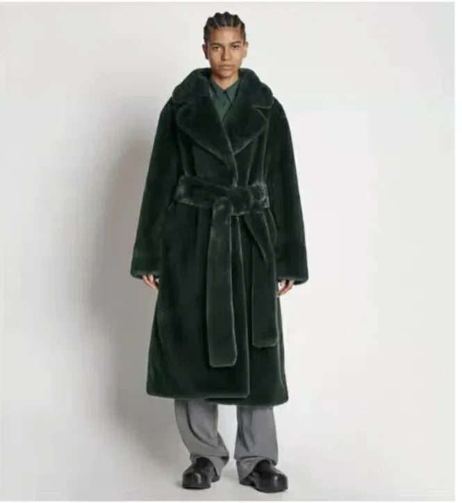 Long Belted Faux Fur Winter Coat
