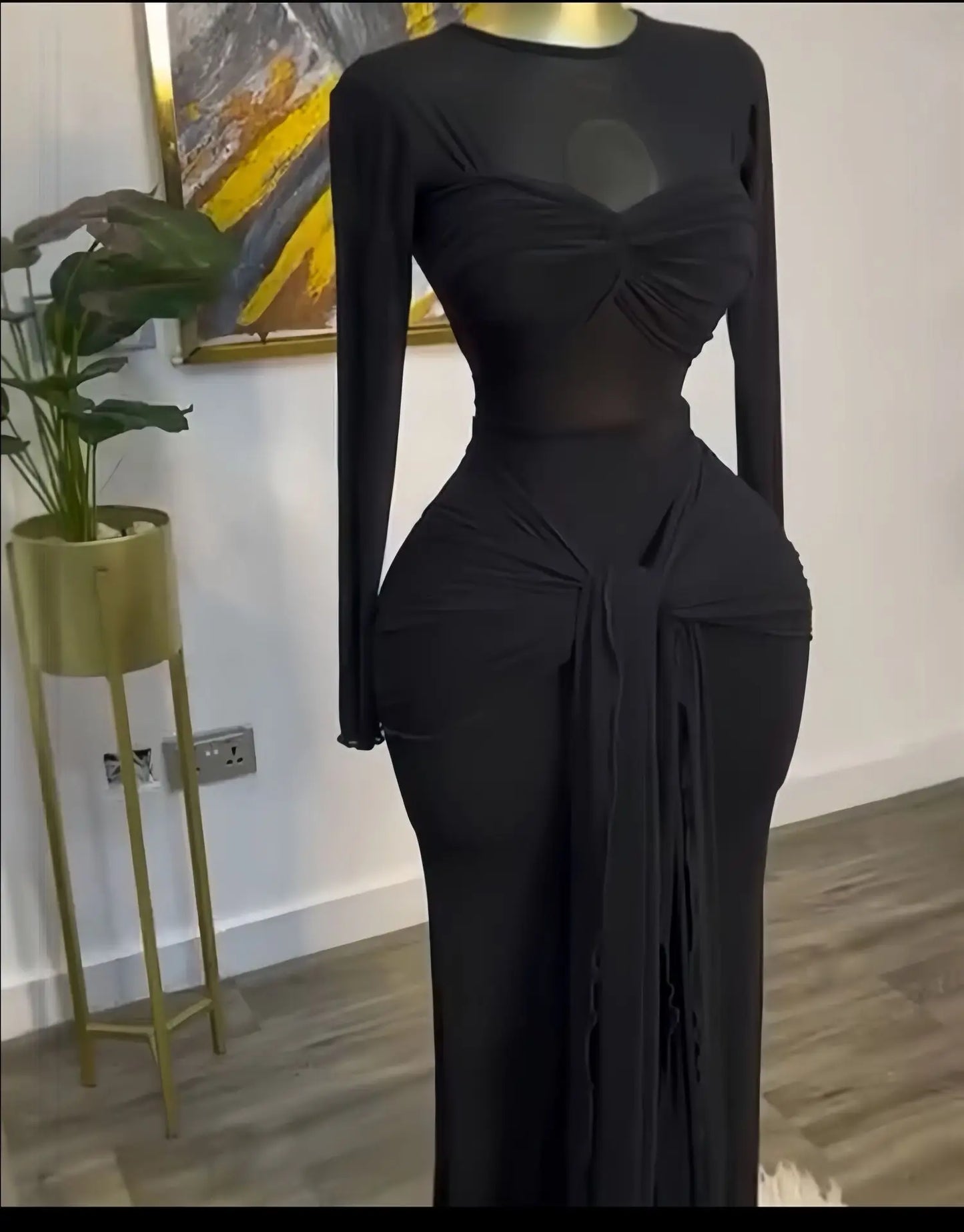 Elegant Hollow Out Mesh Long Sleeve Maxi Dress for Women