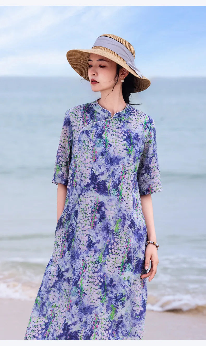 Casual Mandarin Collar Vintage Print Ramie Dress for Women