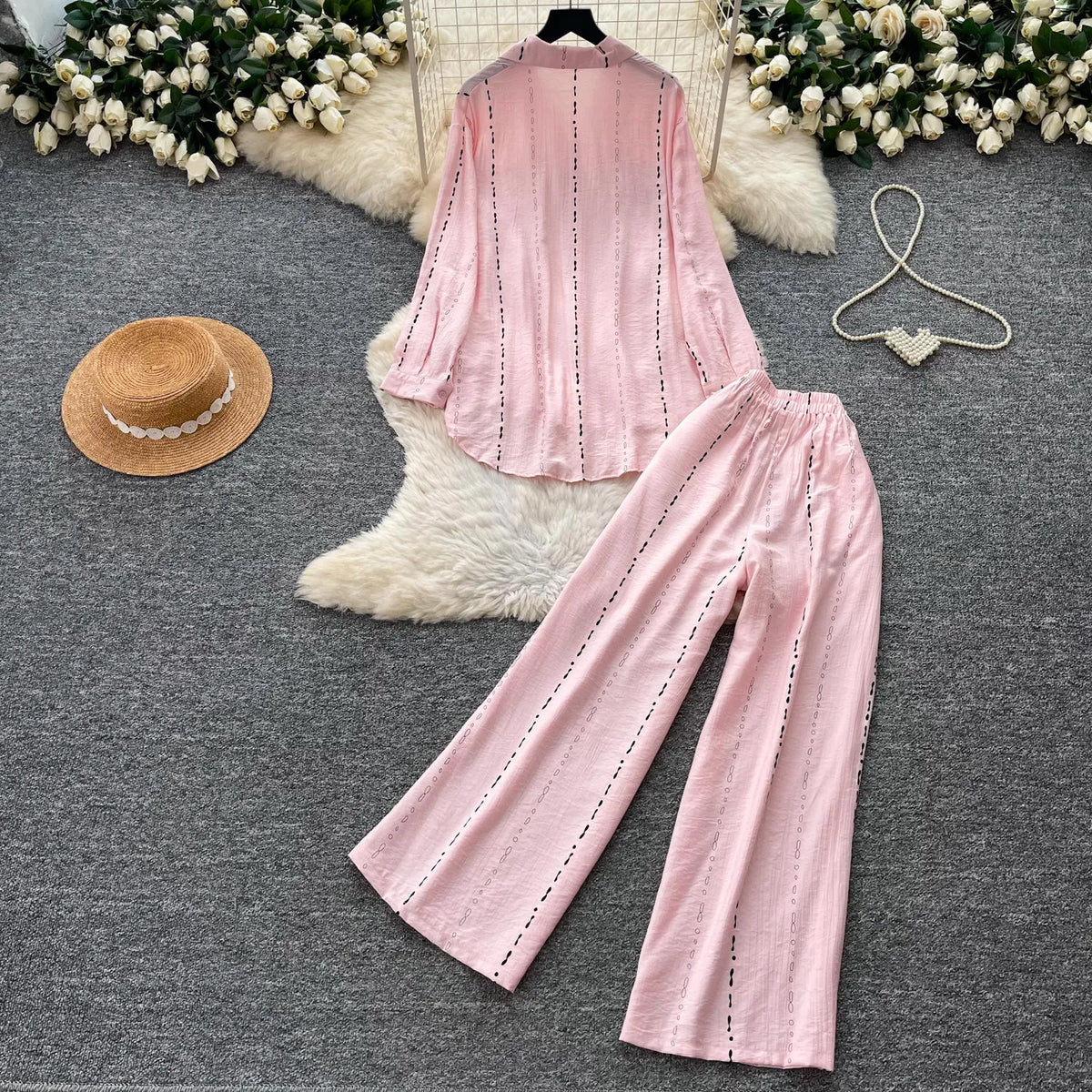 Collared Shirt and Wide Leg Pants Set