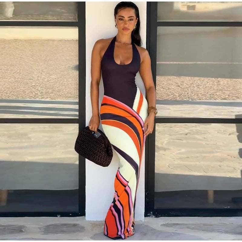 Sleeveless Backless Contrast Halter Maxi Dress for Women