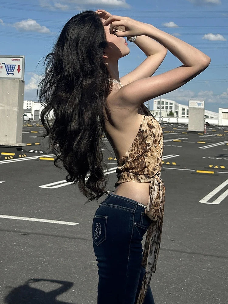 Backless Lace-Up Leopard Halter Top