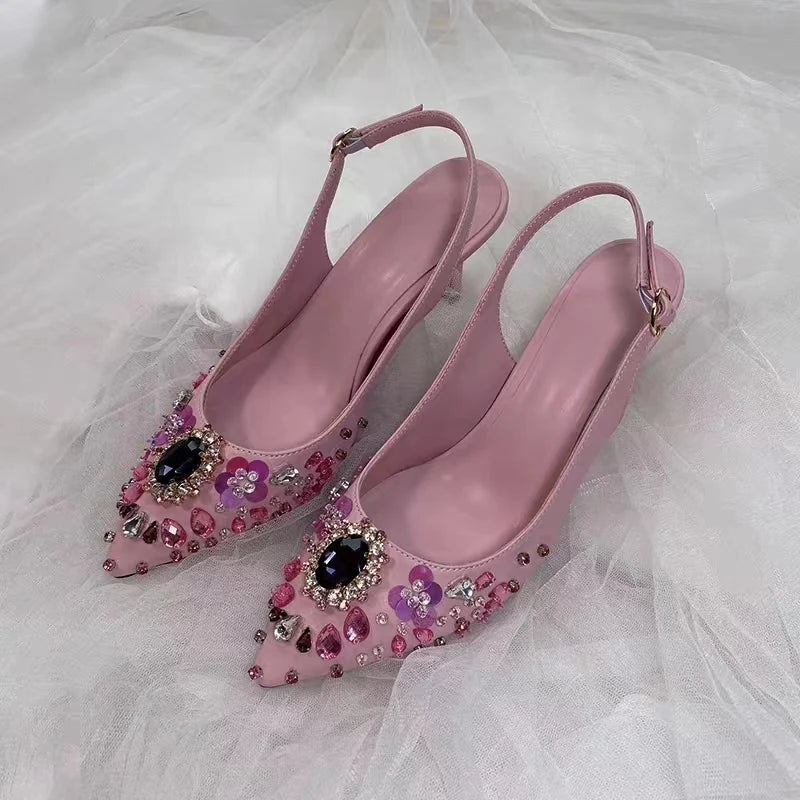 Elegant Pink Floral Rhinestone Slingback Wedding High Heels Pumps for Women