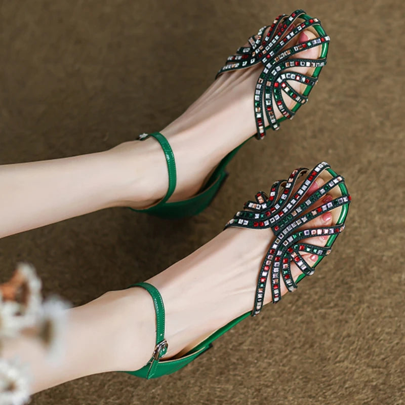 Apricot Leather Square Heel Sandals