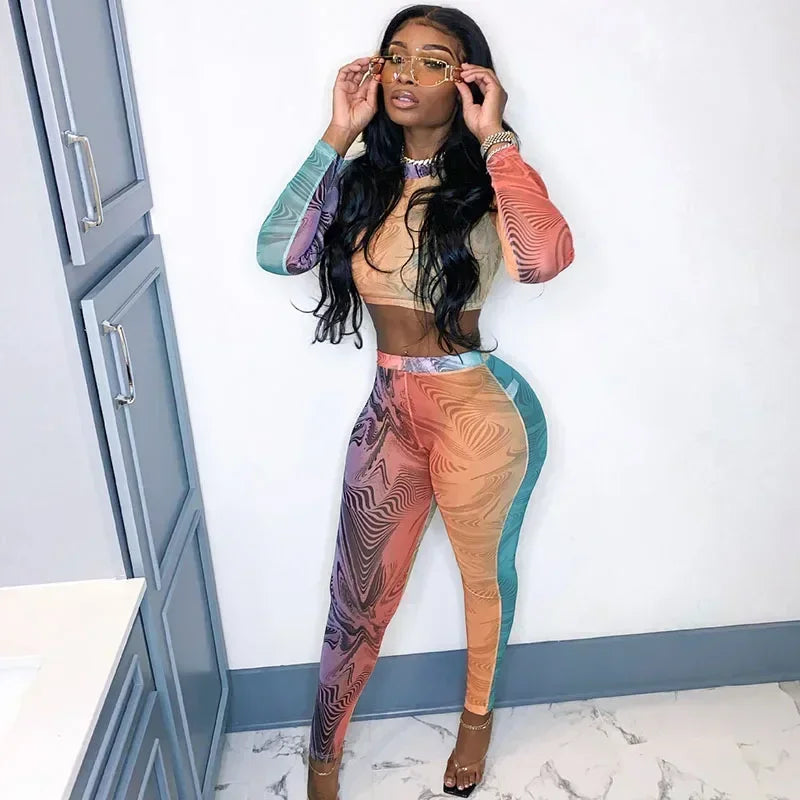 Printing 2 Piece Outfit Set Women Clothing Sportwear Fitness Skinny Long Sleeve Top and Pants Leggings Matching Sets Tracksuit