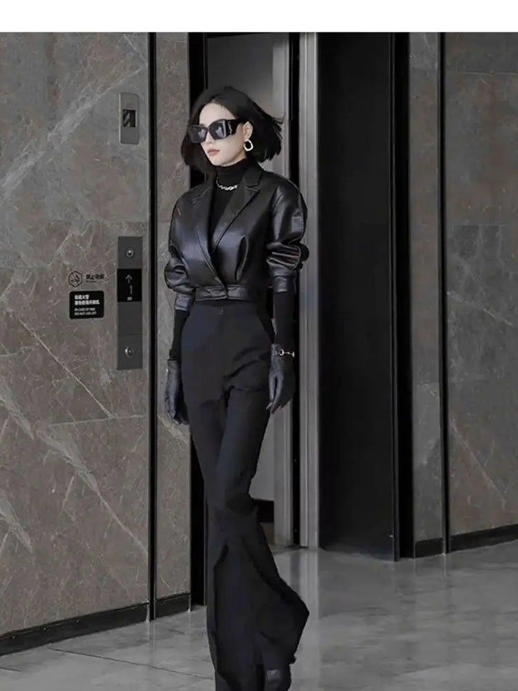 Trendy Faux Leather Blazer And Flared Pants Set For Women