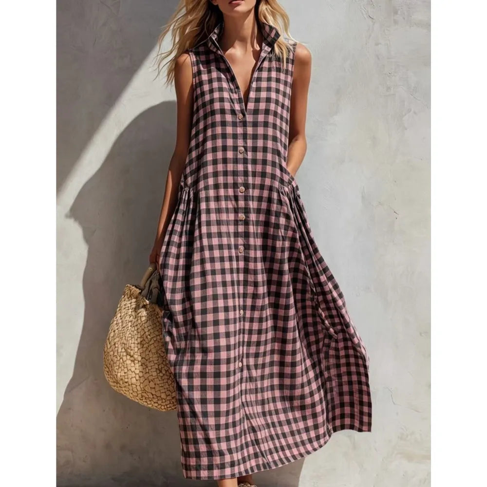 Loose Plaid Sleeveless Single Breasted Maxi Dress for Women