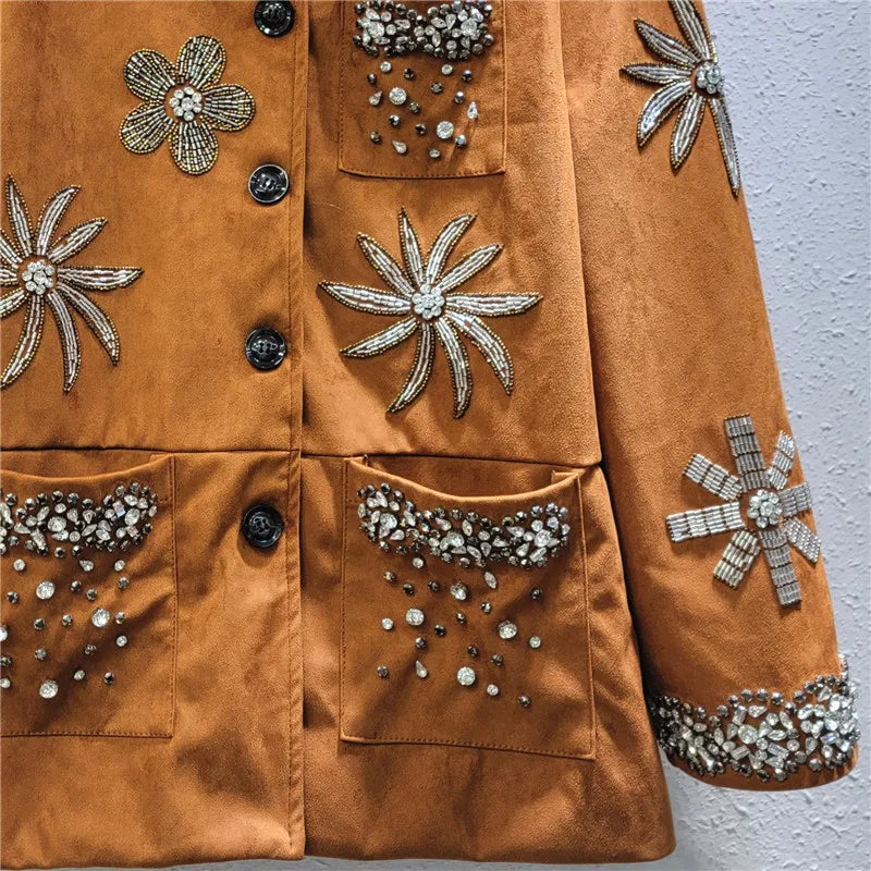 YEAE beaded diamond flower jacket niche lapel single-breasted casual loose long-sleeved jacket