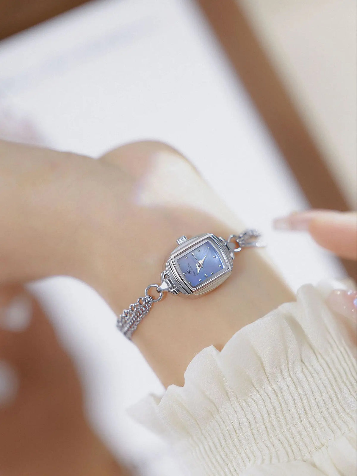 Light Blue Bracelet Watch With Silver Quartz Movement for Women