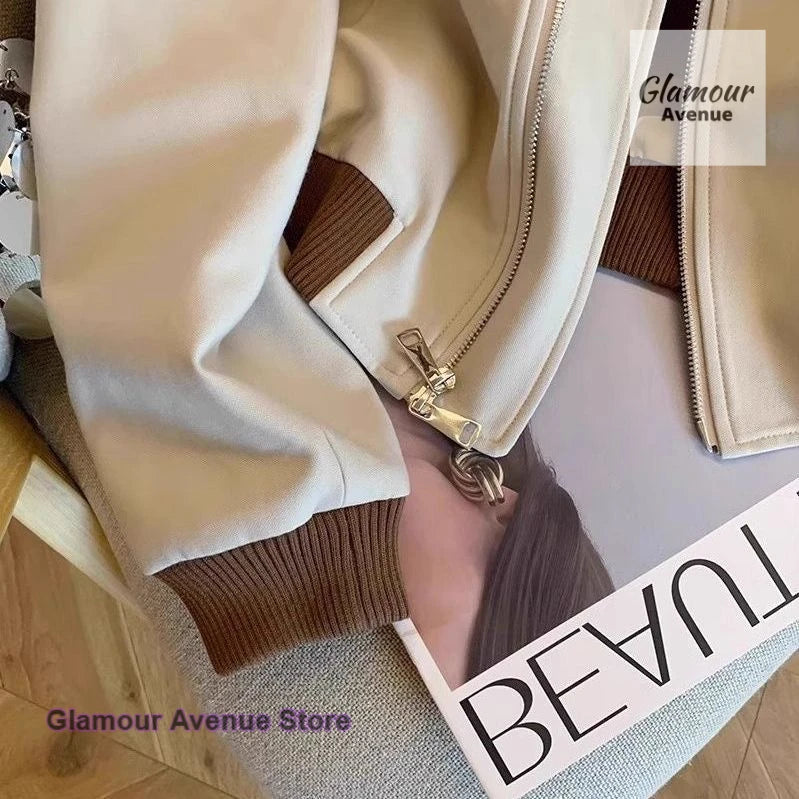 American retro street baseball uniform jacket women's spring and autumn new contrast thin casual Joker short jacket top.