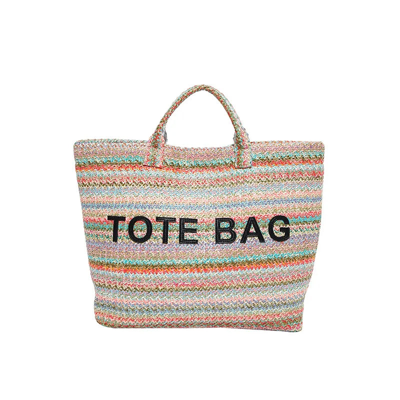 Large capacity beach woven bag, colorful striped tote bag, letter contrasting handbag for women