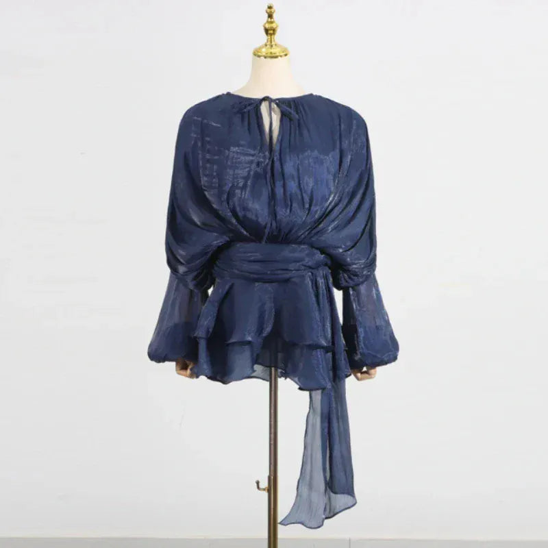 TWOTWINSTYLE Loose Solid Dresses For Women Round Neck Lantern Sleeve High Waist Spliced Fold Mini Chic Dress Female Fashion 2025