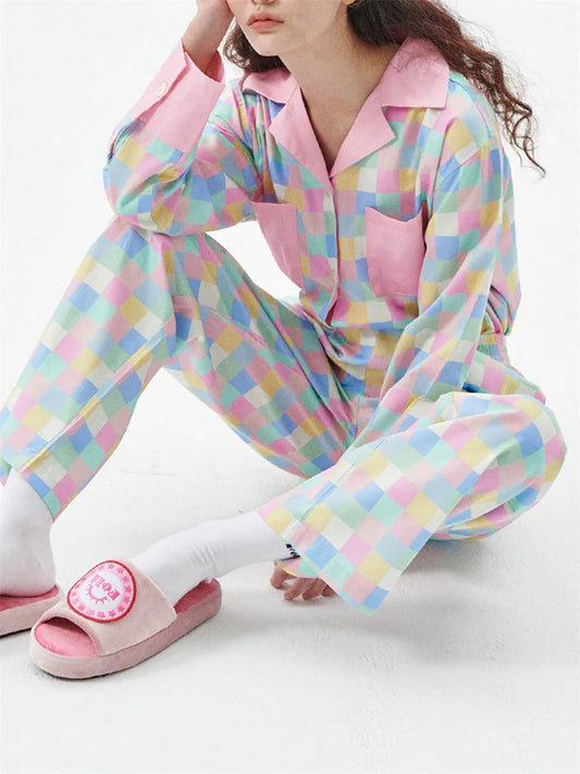 Women 2 Piece Pajamas Set Colorful Plaid Print Long Sleeve Button up Shirt and Elastic Pants for Loungewear Soft Sleepwear Pjs