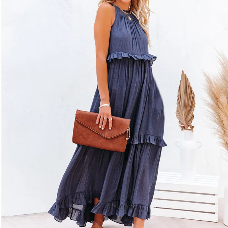 Solid Ruffled Sleeveless Maxi Sundress for Women