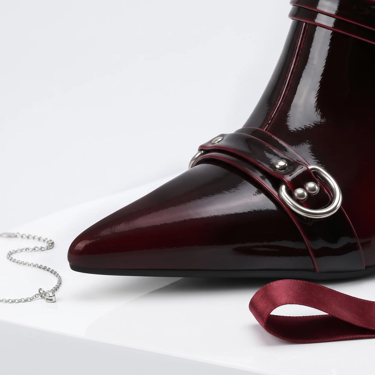 Burgundy Patent Leather Buckle Ankle Boots for Women