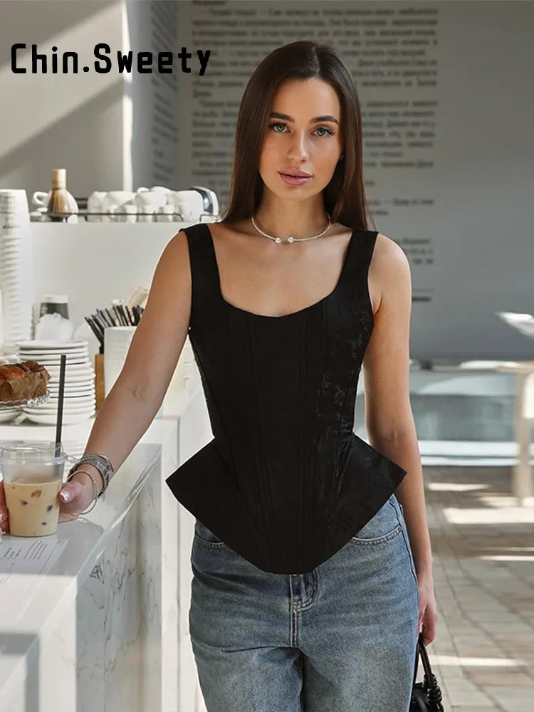 Waist Cinched Jacquard Fishbone Corset Top For Women