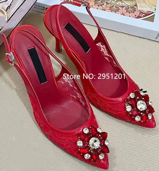 Pink Floral Print Rhinestone Slingback Dress Pumps High Heels For Women