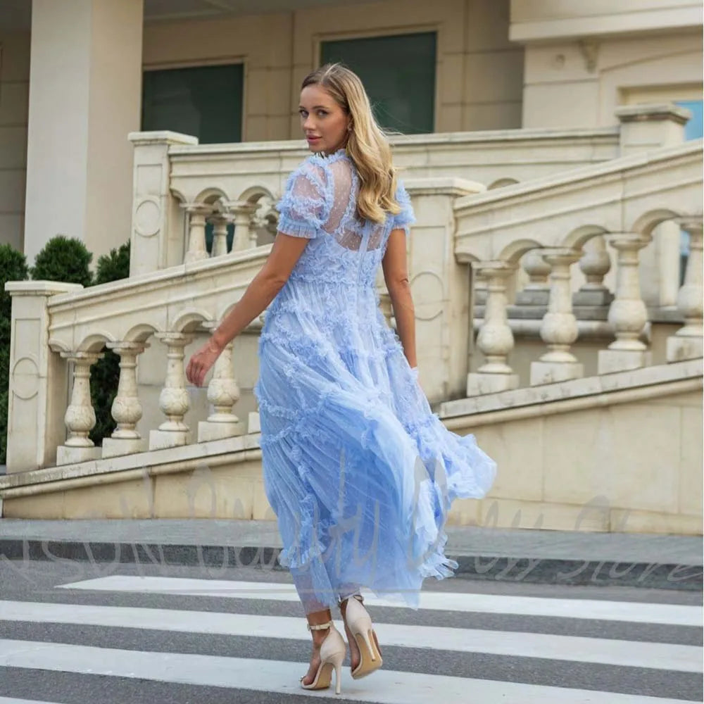 Elegant Dot Organza Dress With Ruffles for Women