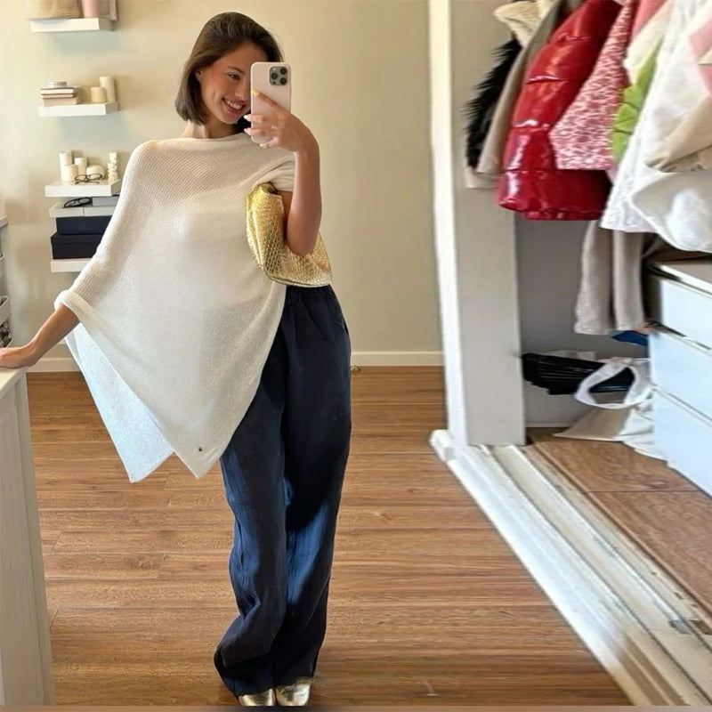 Sheer Knit O Neck Asymmetrical Loose Blouse for Women