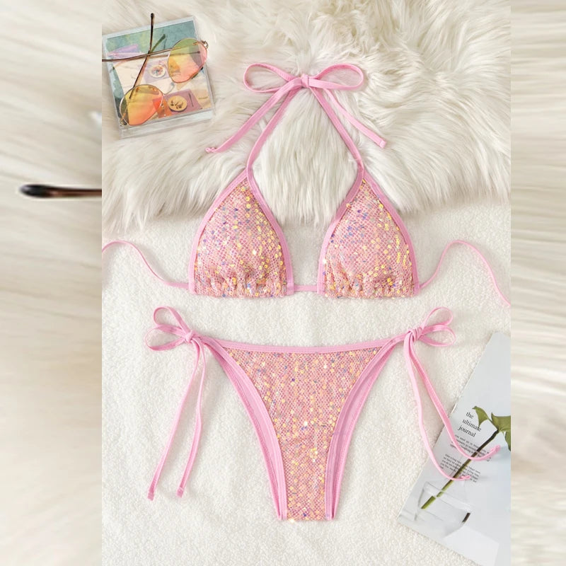 New Sequined Mesh Women's Bikini Two Piece Sets Beach Vacation Lace Up Slim Fit Swimsuit Summer Sexy Hollowed Out Beach Swimwear