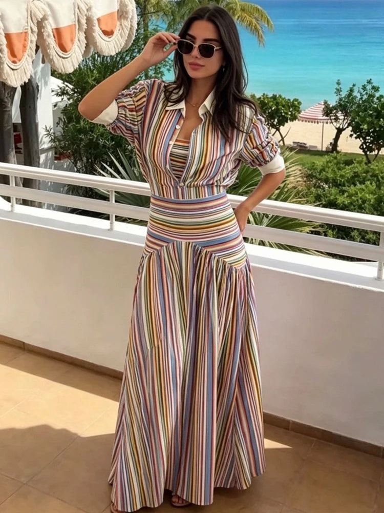 Elegant Multicolor Striped Puff Sleeve Maxi Dress For Women