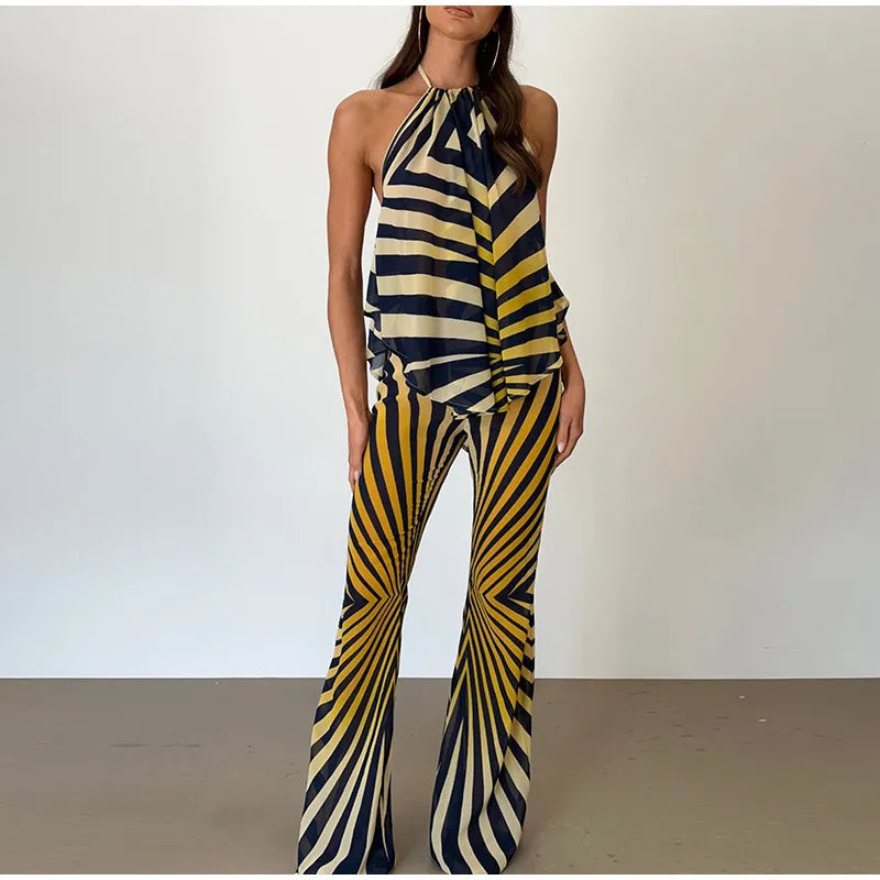 Retro Geometric Stripe Two Piece Set With Halter Top And Flare Pants for Women