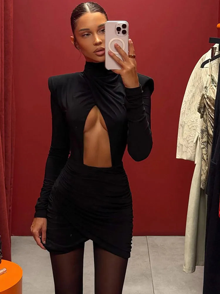 Women Sexy Hollow Out Pleated Mini Dress Fashion Solid Half High Collar Full sleeve Short Dresses Lady 2025 Chic Party Robes