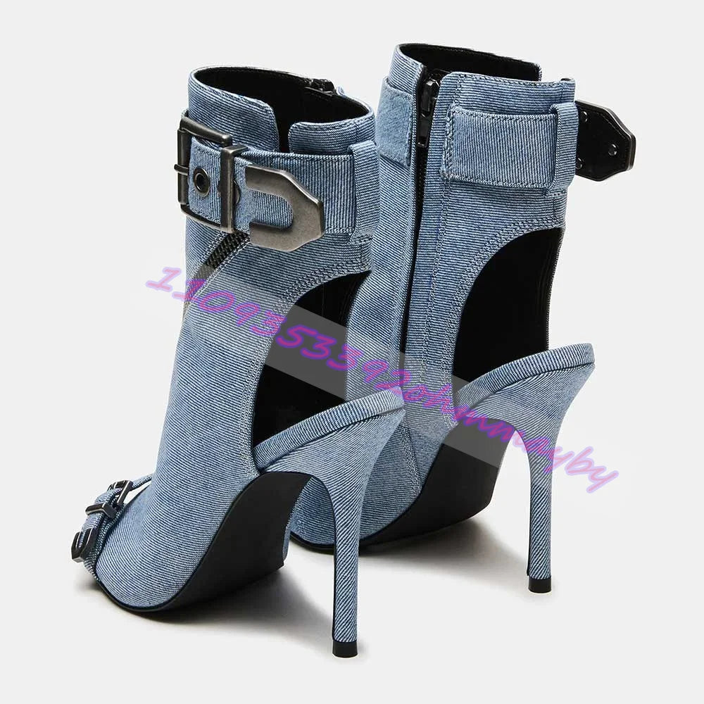 Summer Blue Denim Pointed Toe High Heel Sandals With Buckle for Women