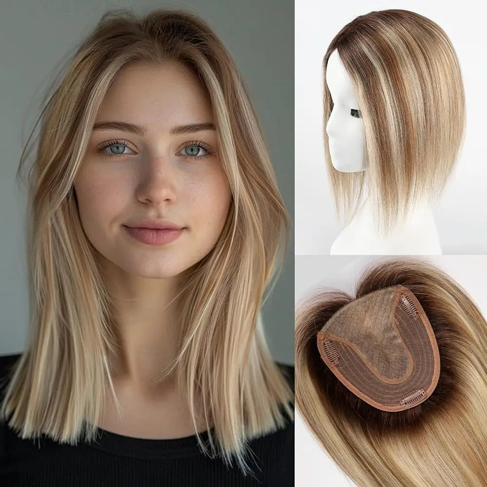 Straight Blonde Highlight Remy Human Hair Topper For Women