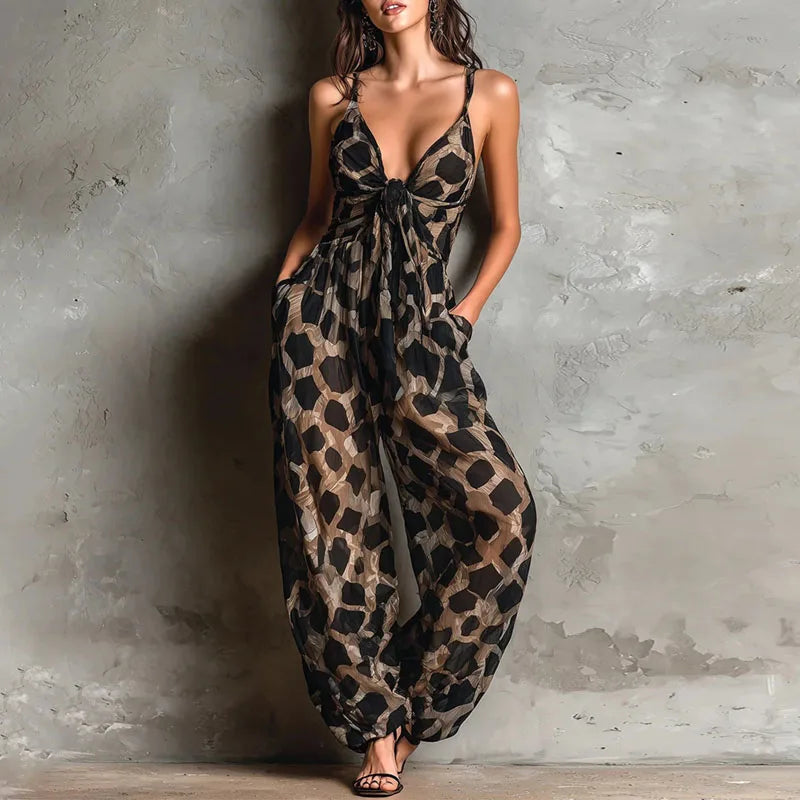 Leopard Print Tie Front Wide Leg Jumpsuit for Women