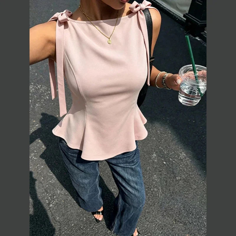Lace Up Bow Detail Round Neck Sleeveless Top For Women