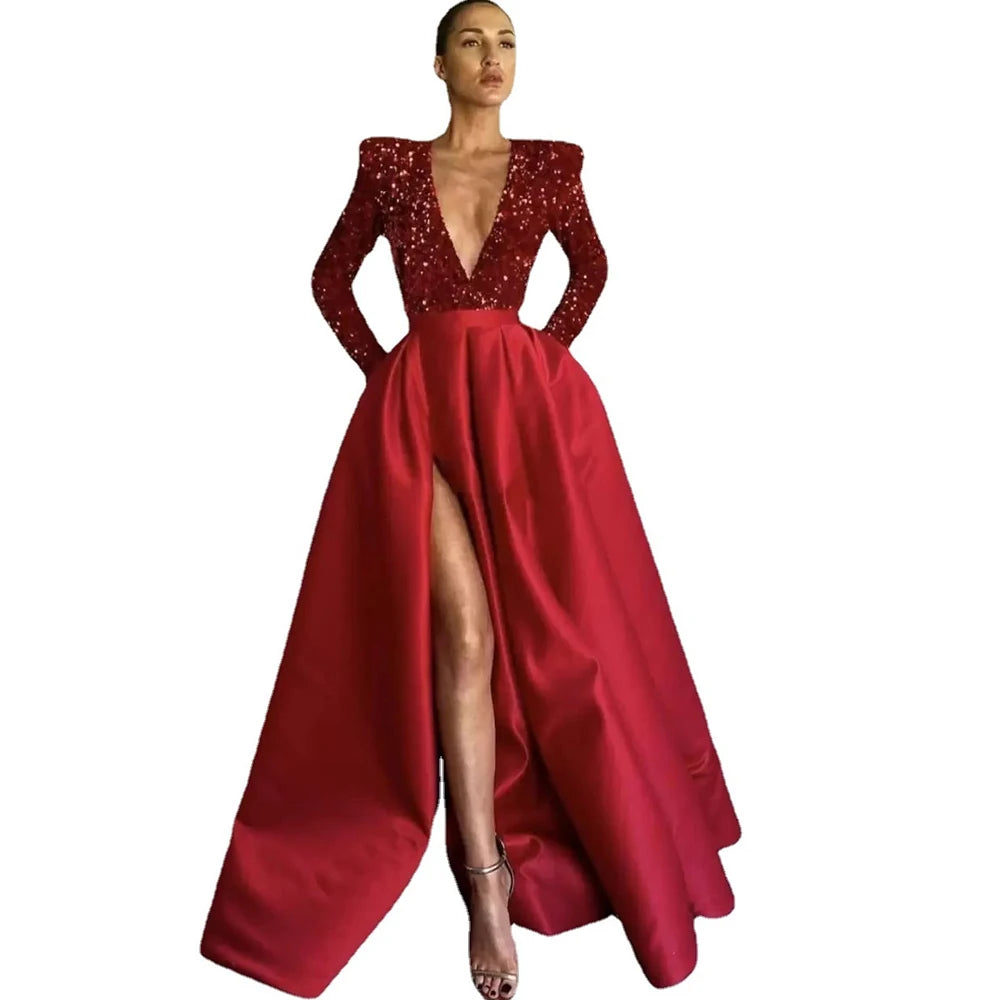 Sequin Deep V Neck Floor Length Evening Dress for Women