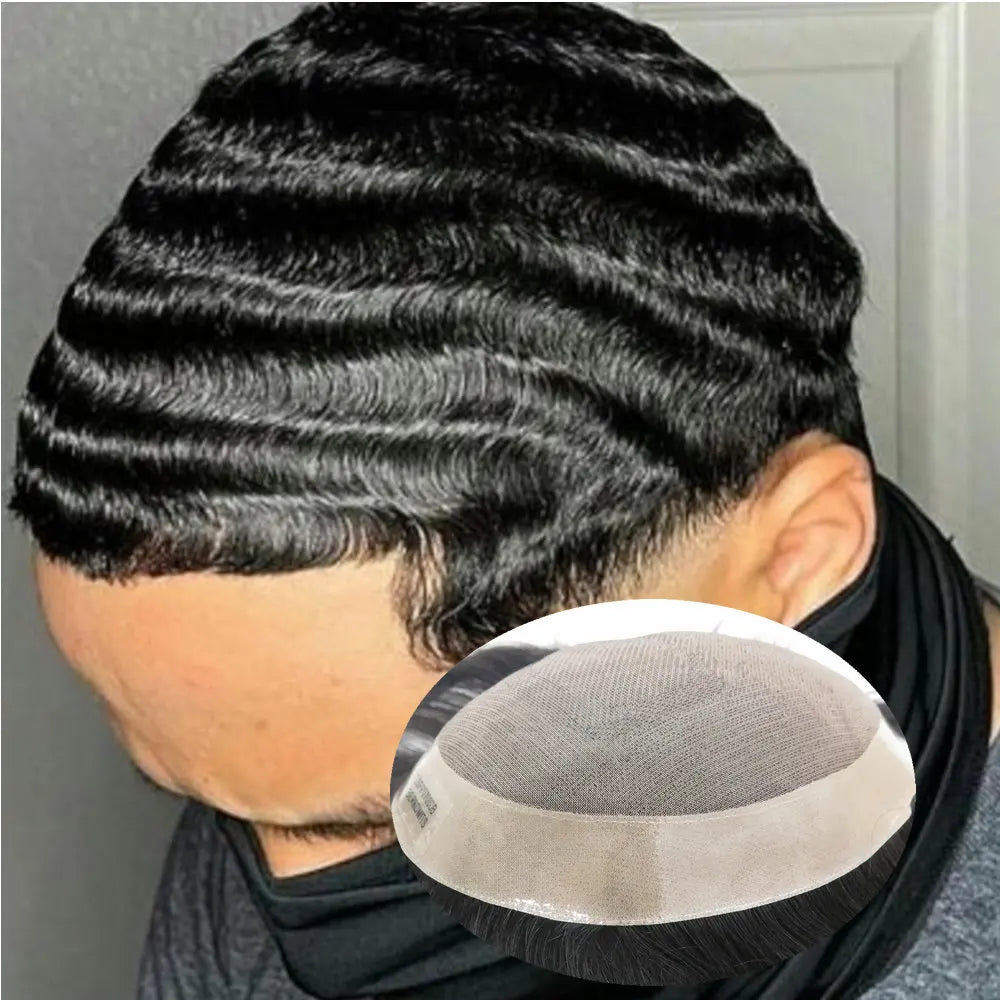 Curly Human Hair Toupee Replacement System for Men