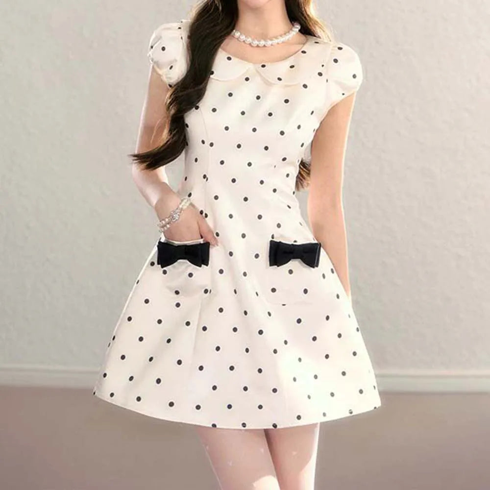 French Polka Dot Doll Collar A Line Bow Dress For Women