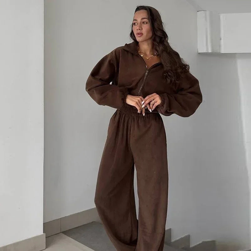 Casual Brown Stand Collar Long Sleeve Jumpsuit for Women