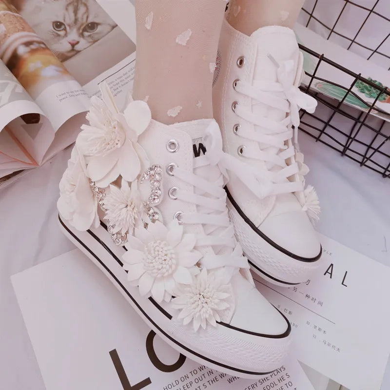 Floral Lace Up High Top Canvas Sneakers for Women