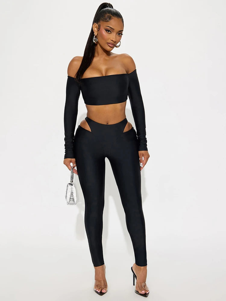 Slash-Neck Crop Top Two-Piece Set