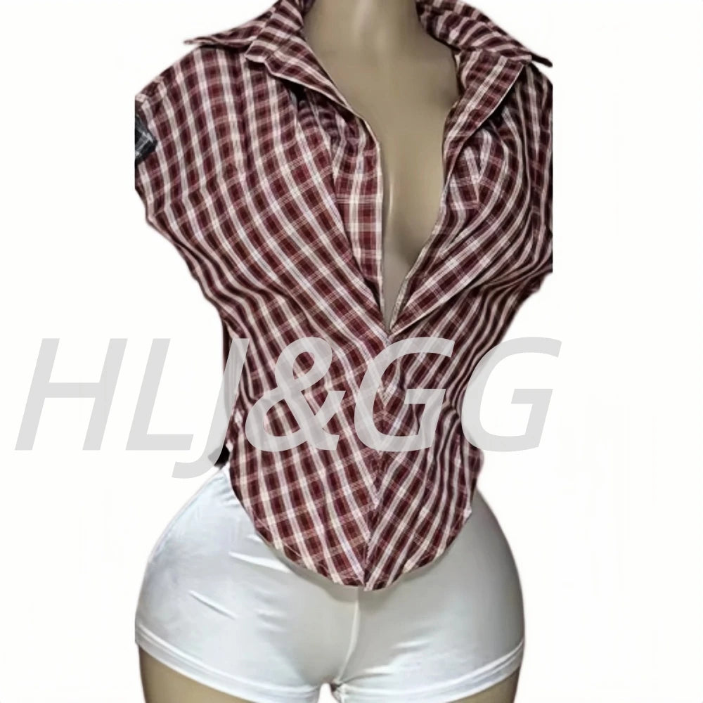 Plaid Print Deep V Neck Sleeveless Hollow Two Piece Set for Women
