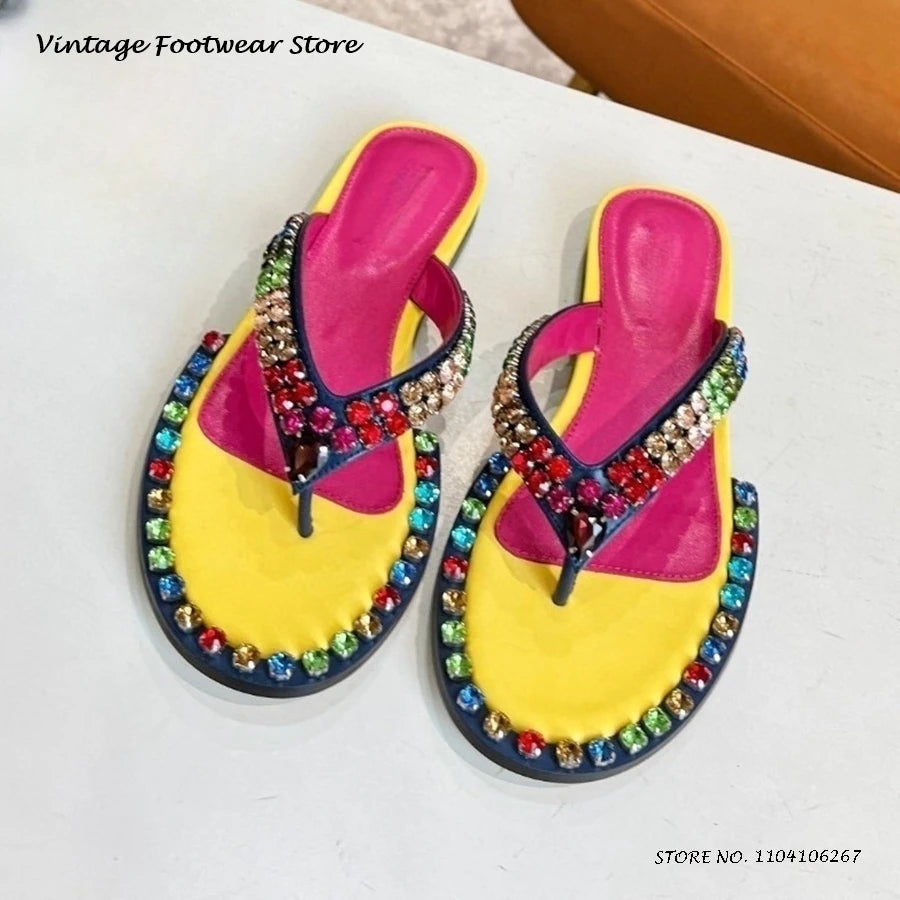 Colorful Crystal Embellished Flat Flip Flops for Women