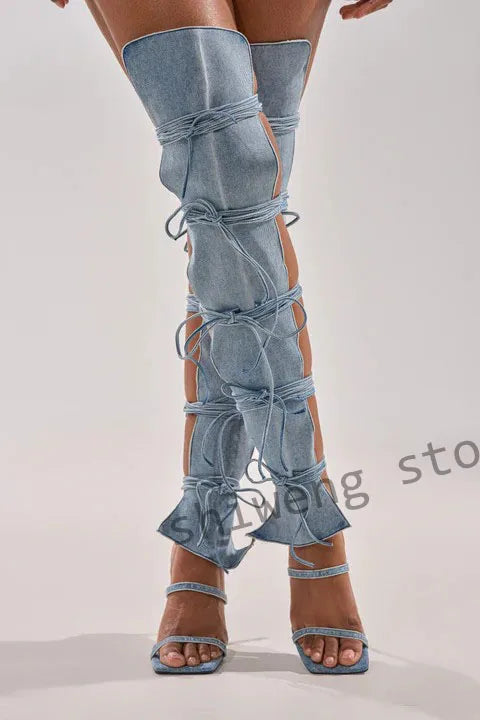 Lace Up Stiletto Pointed Toe Thigh High Boots for Women